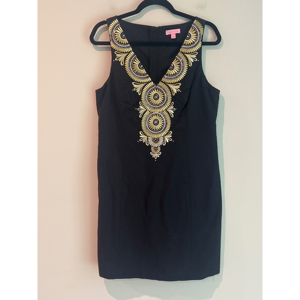 Lilly Pulitzer Black Pique Cotton Gold Embroidered V-Neck Shift Dress 10 Preppy